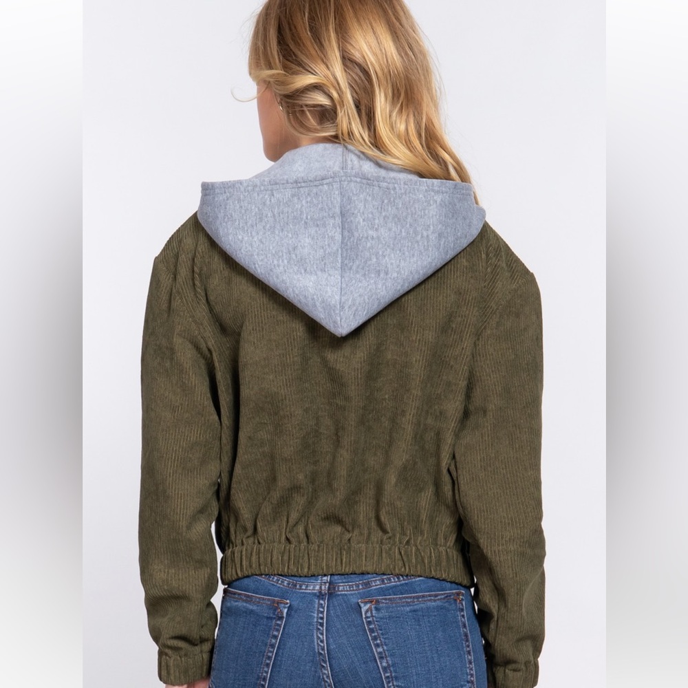 HOODIE CORDUROY BOMBER JACKET - ARMY OLIVE - Picture 4 of 5